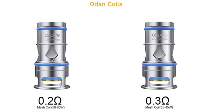 The 2ml Odan tank employs two separate mesh coil types, in 0.2 Ohm and 0.3 Ohm variants, both suited to high VG e-liquids.
