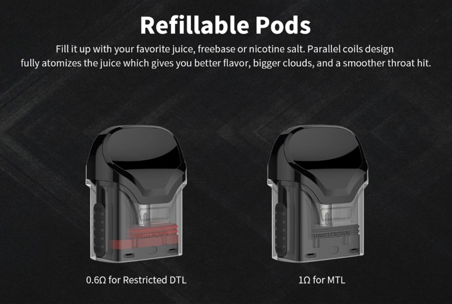The 1250mAh Crown pod device is compatible with two pods types; a 0.6 Ohm restricted DTL variant or a 1.0 Ohm MTL pod.