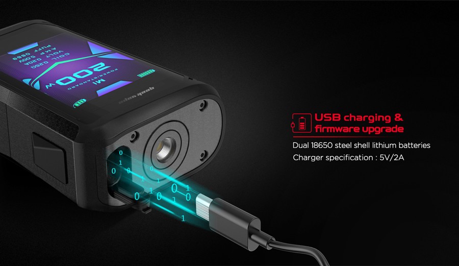 The geekvape Aegis X 200W mod uses upgradeable firmware to improve its performance.