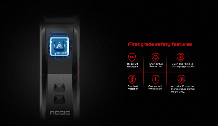 The aegis X 200W vape device offers a range of safety protections to protect you and the device.