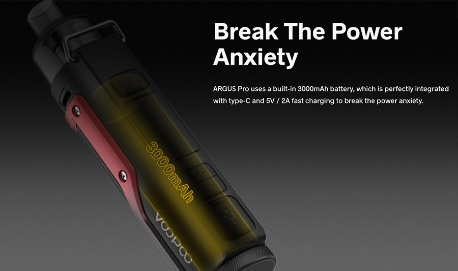The Argus Pro pod device is powered by a 3000mAh built-in battery, with an adjustable wattage output of up to 80W.