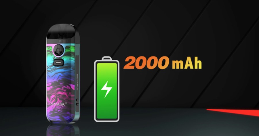 the Smok Nord 4 relies on the high capacity of a built-in 2000mAh battery for all-day vaping capabilities.