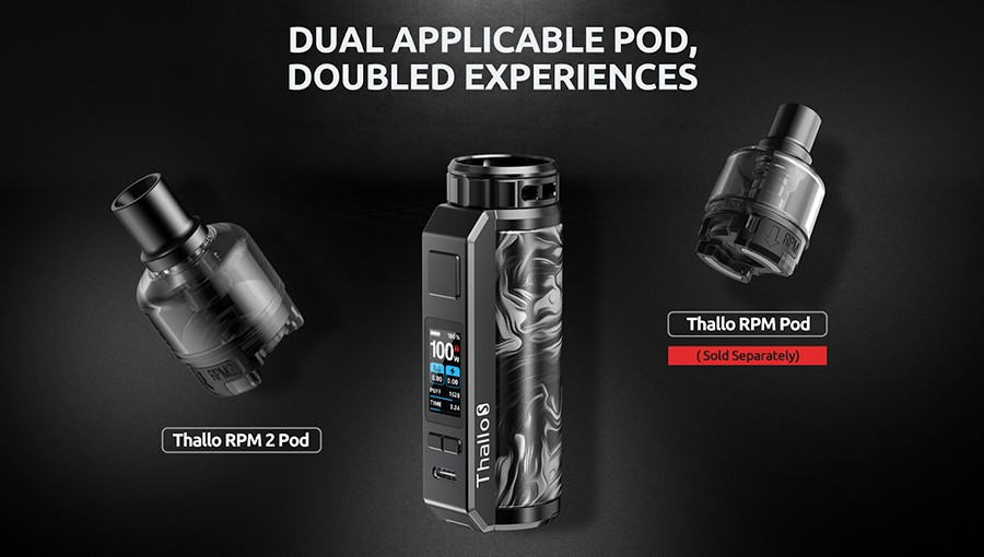 The Smok Thallo S kit is compatible with the Thallo RPM and Thallo RPM2 pods, which employ the RPM and RPM2 coil series respectively.