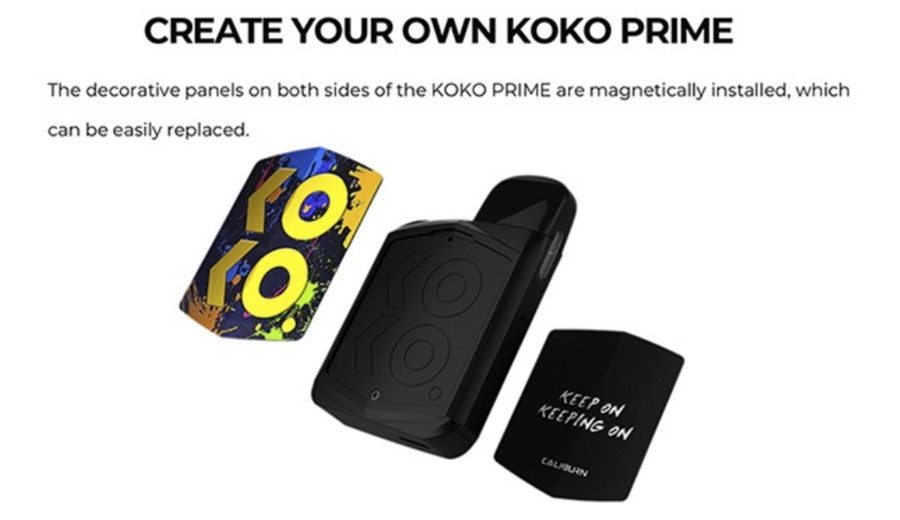 The Caliburn Koko Prime pod kit provides versatility with magnetic decorative panels allowing for a personal touch.