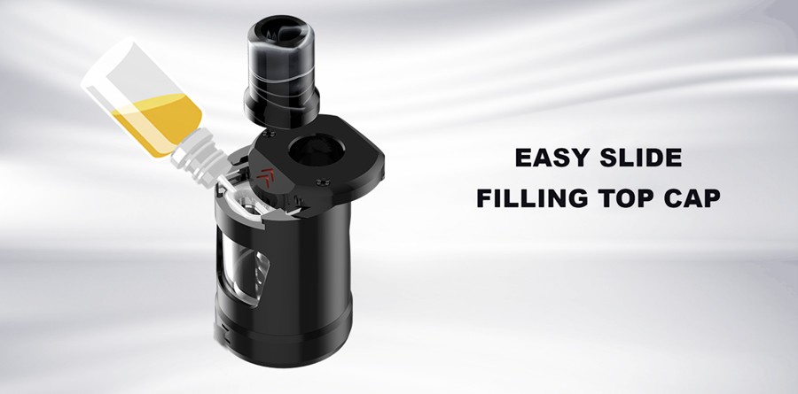 The Zlide 2ml vape tank features a sliding top cap mechanism for an easy and hassle-free refill process.