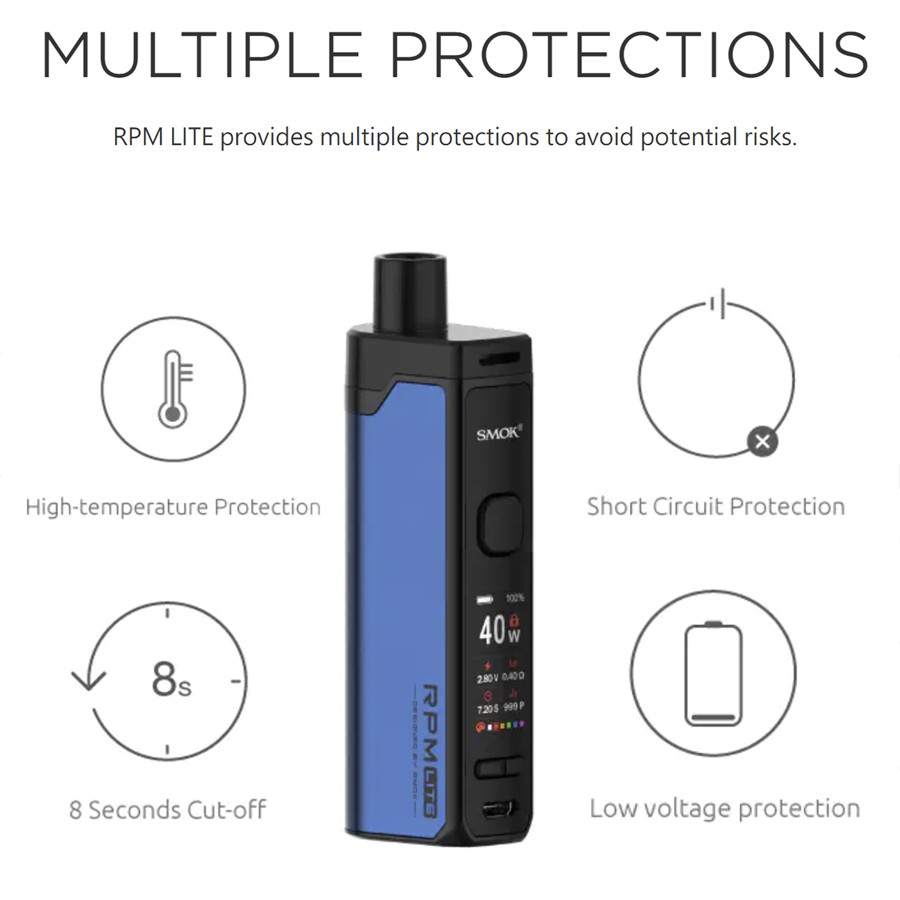 The Smok RPM Lite features a range of protections for a secure vaping experience.