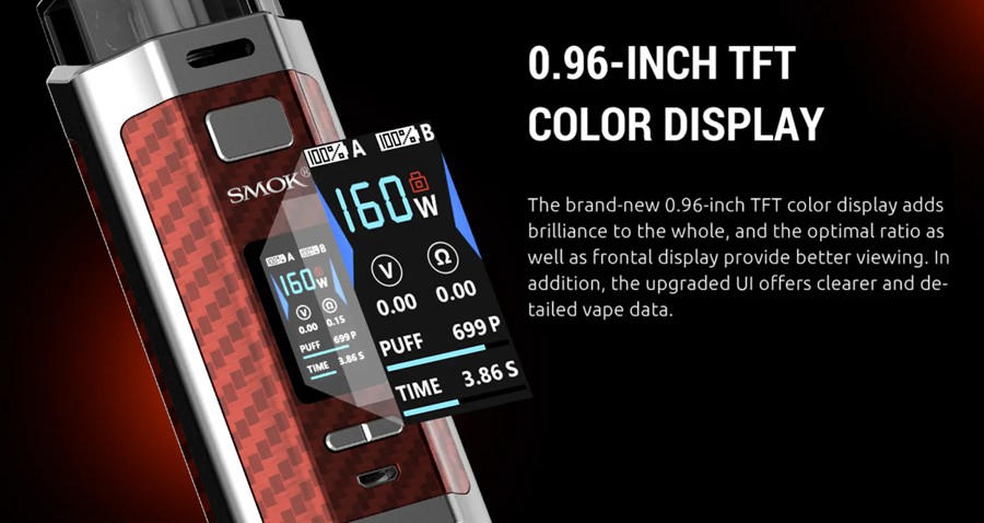 The RPM160 features a 0.96 inch TFT colour screen which displays Variable Wattage mode and essential vaping data.