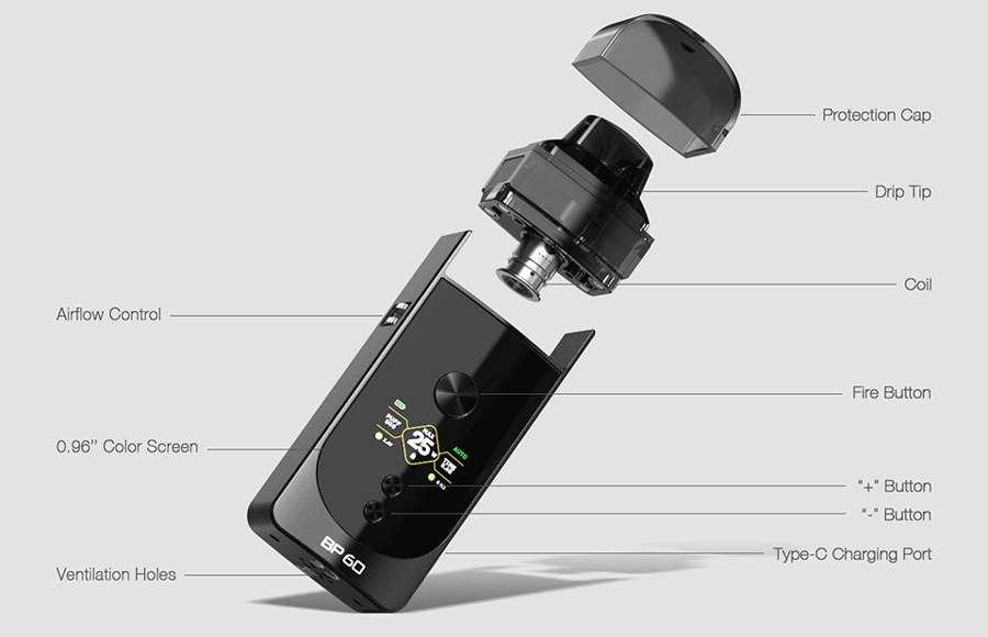 The Aspire BP60 pod kit is a sub ohm vape pod mod which can be used to create a MTL or DTL inhale.