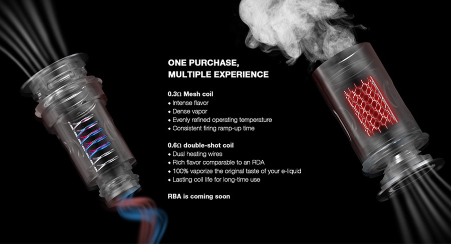 The BP60 pods are compatible with BP coil range, available as a 0.3 Ohm mesh coil or as a 0.6 Ohm double shot coil.