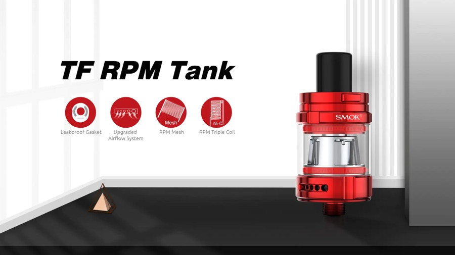 The Smok TF RPM tank features an adjustable airflow, leak proof gasket and can be paired with the RPM coil series, in mesh and triple coil variants.