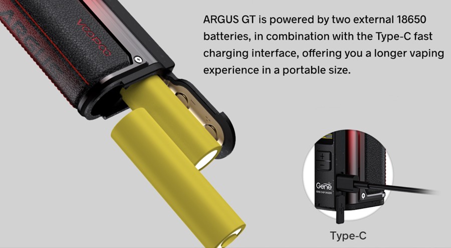 The Argus GT sub ohm vape kit is powered by two 18650 vape batteries for longer vaping and improved power output.