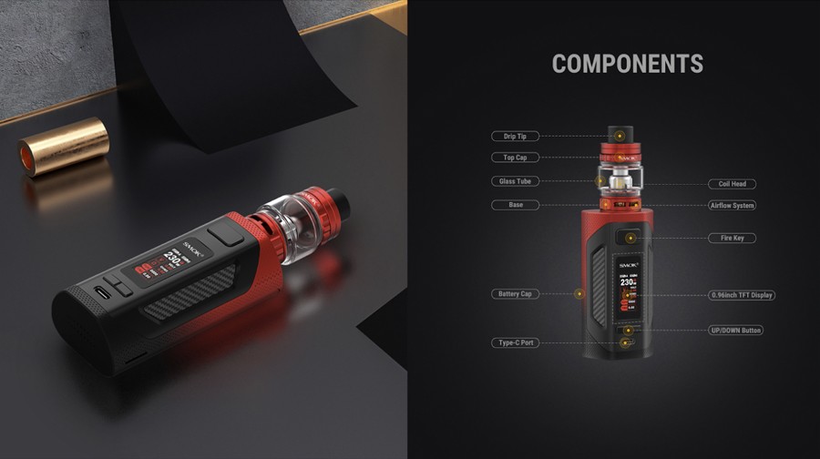 The Smok Rigel is a sub ohm vape kit which features a carbon fibre and rubber coating construction.