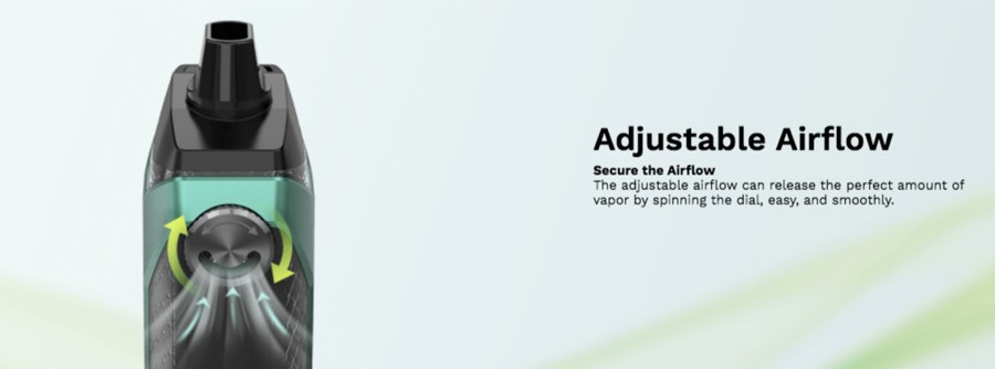 O dispositivo de pod Xiron possui um dial de fluxo de ar ajustável que pode ser configurado para fornecer uma inspiração solta ou uma tração mais forte e restrita.