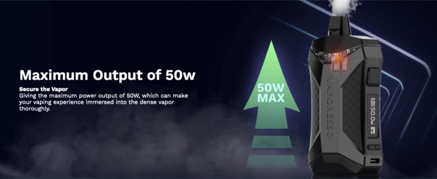 O kit de pod Xiron possui uma bateria de 1500mAh com uma saída máxima de 50W, o que significa que este dispositivo pode ser usado para vaporização MTL e DTL.