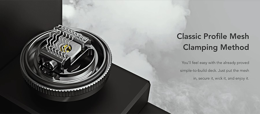 The simple clamp deck the Profile M RTA features makes coil fitting very easy and you can pair this RTA with a wide range of Wotofo rebuildable mesh coils.